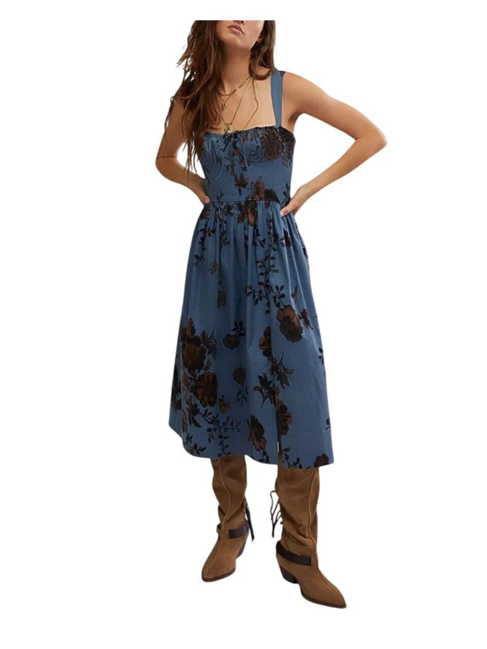 Free People Womens Size L Dress Laters Baby Midi Blue Floral Smocked Sleeveless